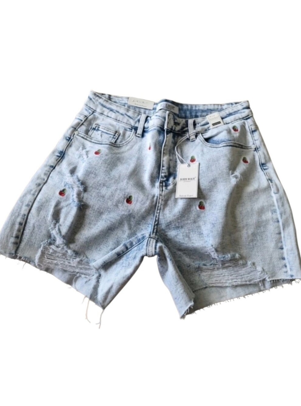 NWT Judy Blue Size 1XL High Waist Denim Shorts Light Blue Embroidered Cherries